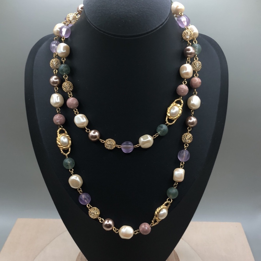 Vintage Liz Claiborne Faux Gemstone Faux Pearls Beaded Long Necklace-Colorful.